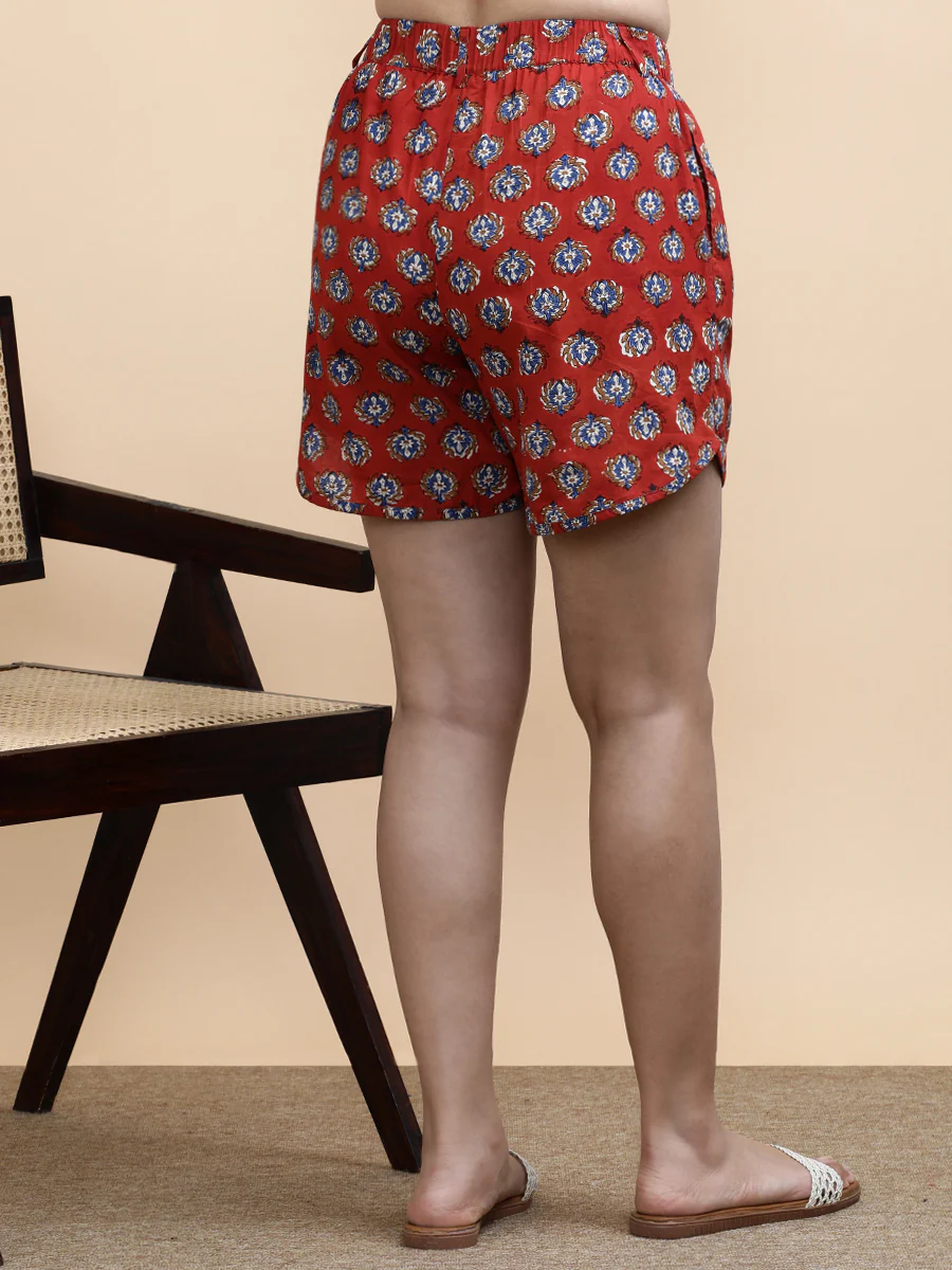 Risa x Soma | Women's Dolphin Shorts in Crimson Field Block Print Cotton - Image 2