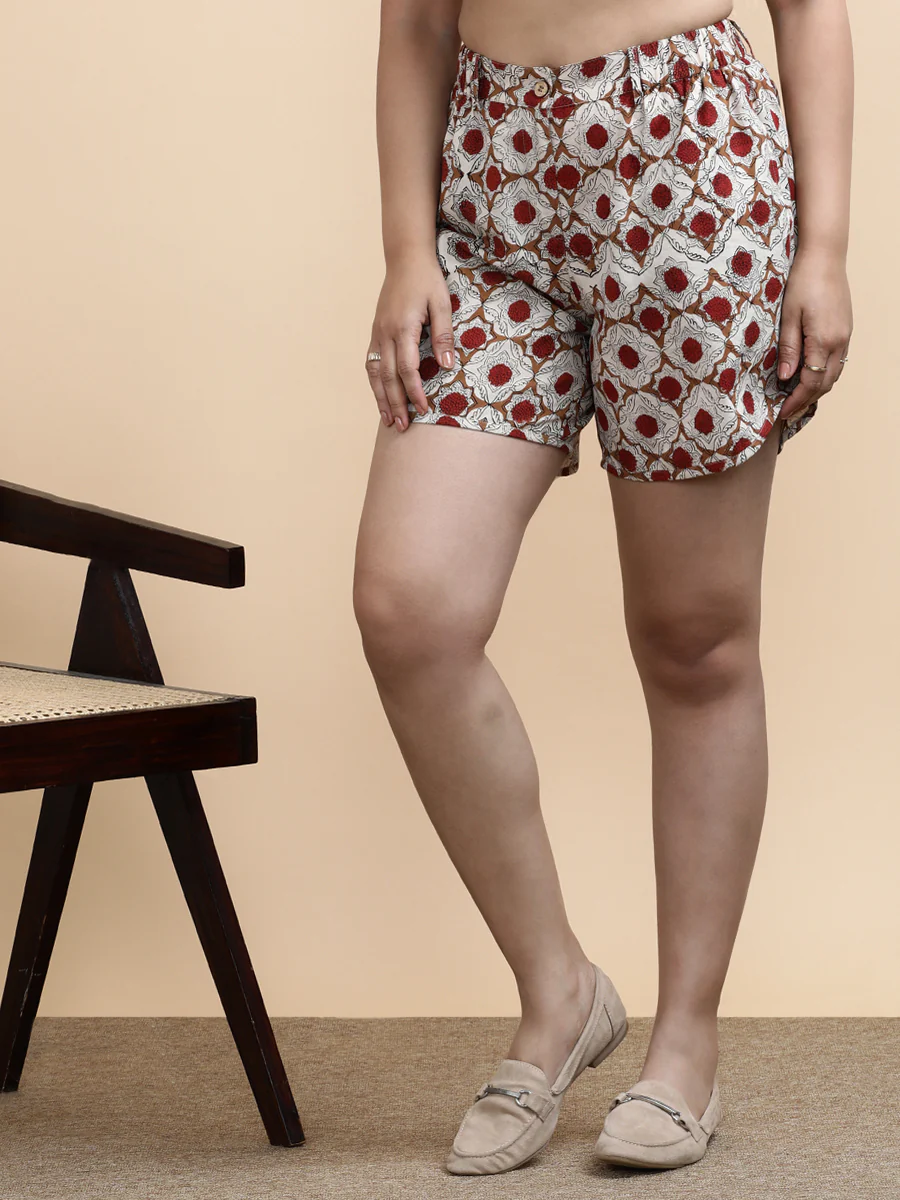 Juno x Soma | Women's Dolphin Shorts in Red Dahlia Block Printed Cotton Cotton - Image 3