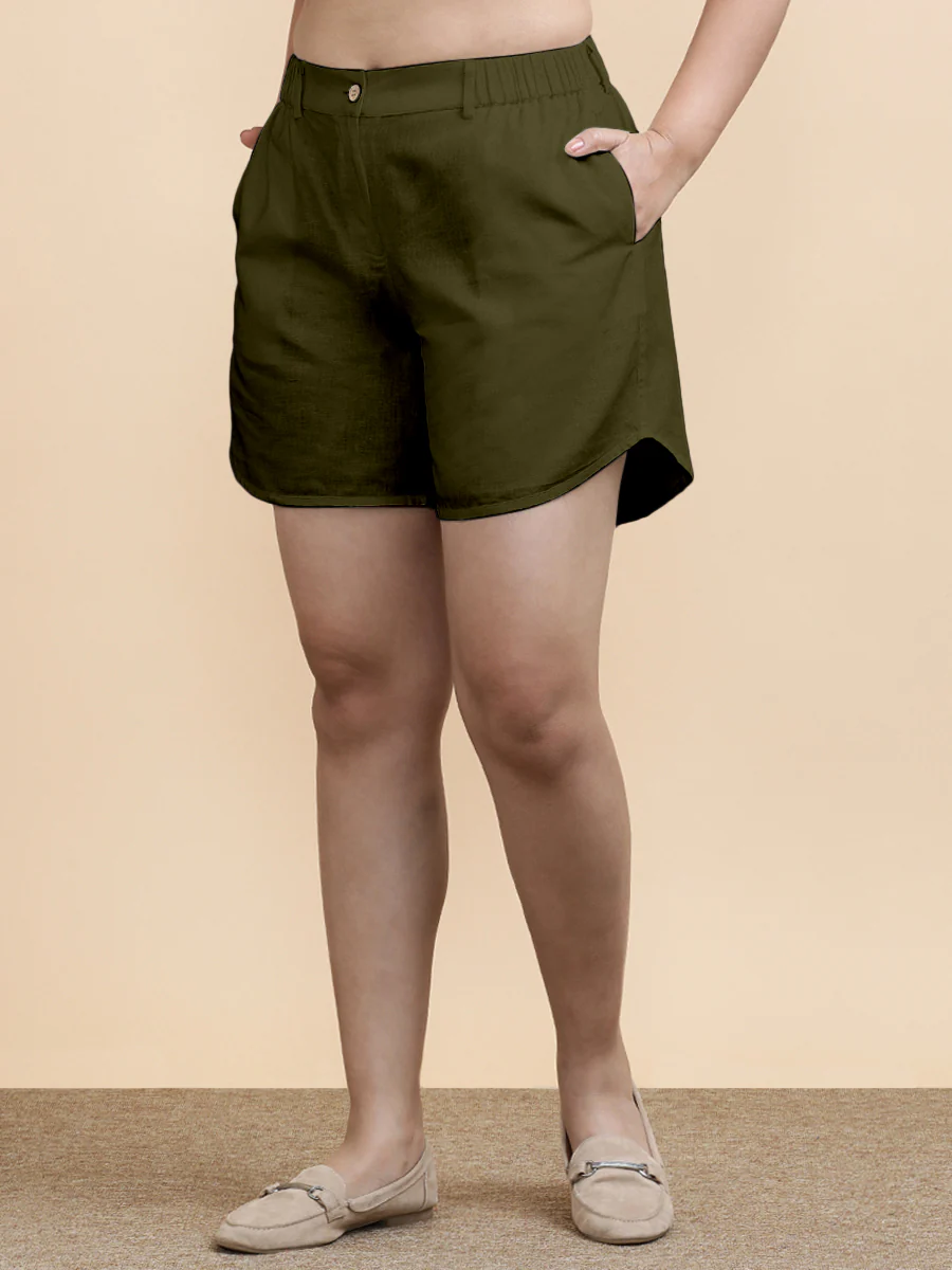 Daphne x Soma | Women's Dolphin Shorts in Deep Olive Green Linen - Image 5