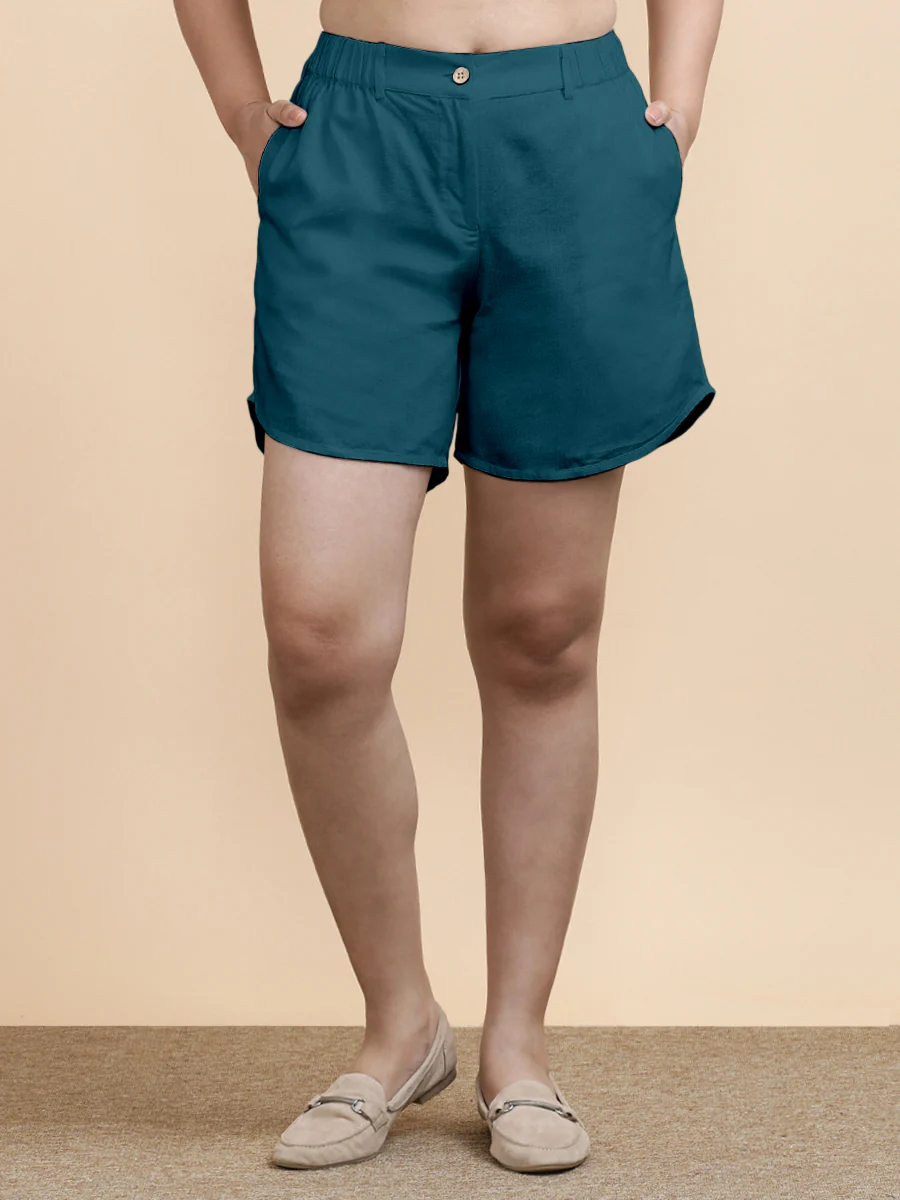 Daphne x Soma | Women's Dolphin Shorts in Teal Blue Linen - Image 4