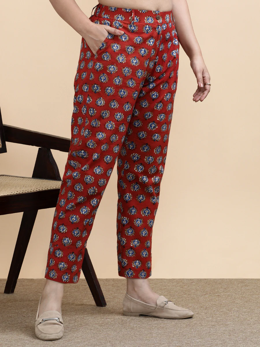 Fiona x Soma | Women's Regular Fit Trouser in Crimson Field Block Print Cotton - Image 7