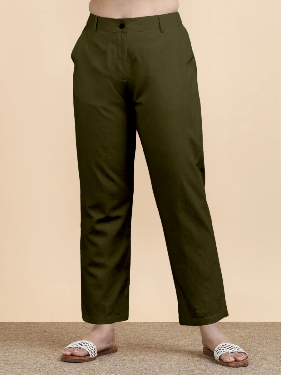 Laura x Soma | Women's Regular Fit Trouser in Deep Olive Green Linen - Image 6