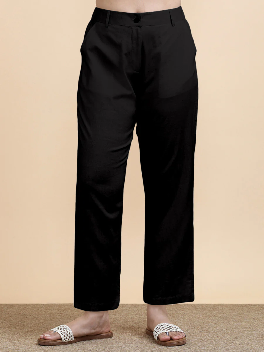 Laura x Soma | Women's Regular Fit Trouser in Ebony Black Linen - Image 3