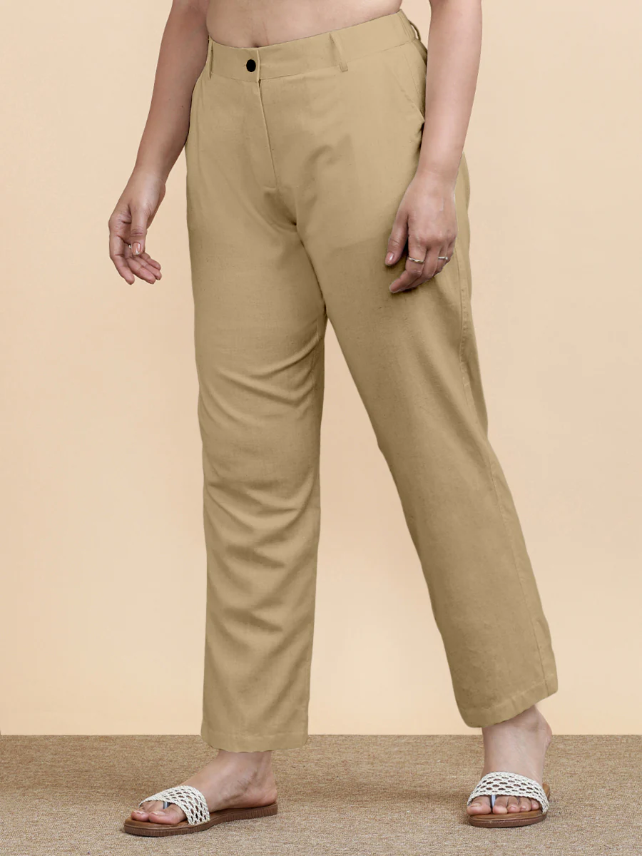 Laura x Soma | Women's Regular Fit Trouser in Ecru Beige Linen - Image 5