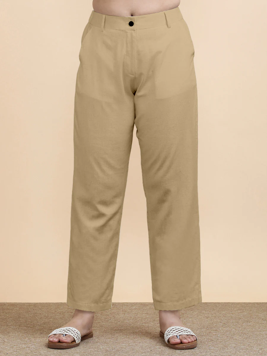 Laura x Soma | Women's Regular Fit Trouser in Ecru Beige Linen - Image 8
