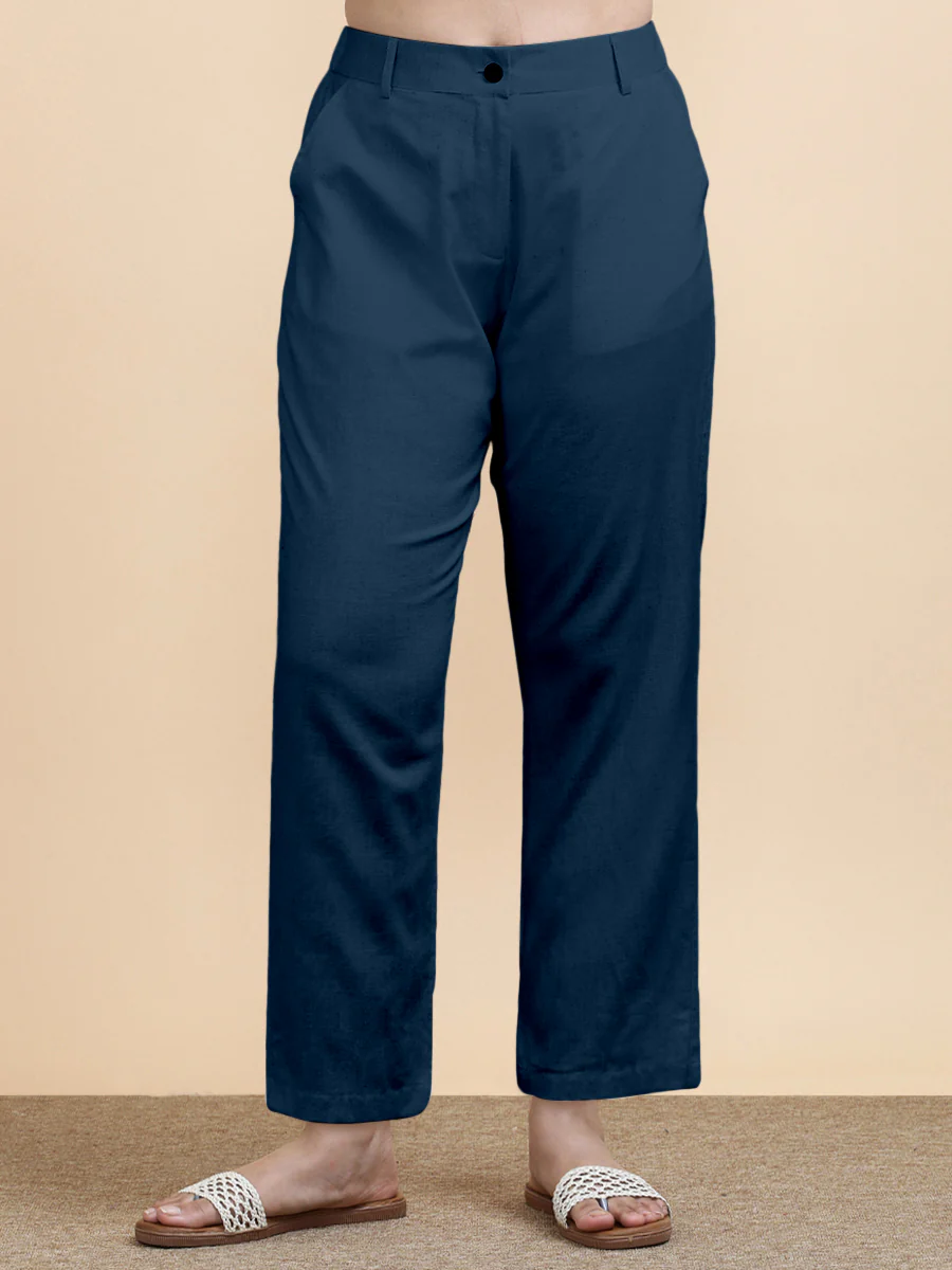 Laura x Soma | Women's Regular Fit Trouser in Regal Blue Linen - Image 3