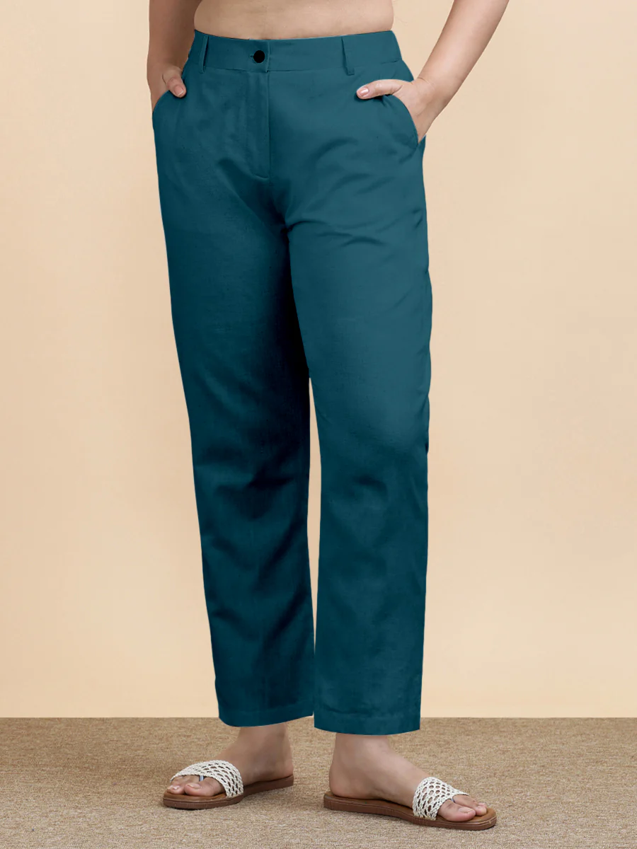 Laura x Soma | Women's Regular Fit Trouser in Teal Blue Linen - Image 3