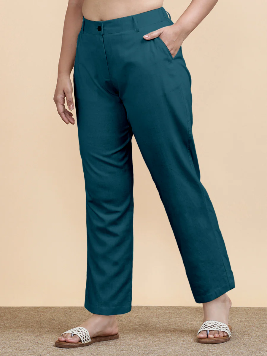 Laura x Soma | Women's Regular Fit Trouser in Teal Blue Linen - Image 5