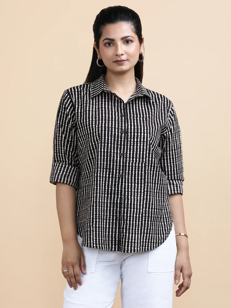 Bella x Soma | Relaxed Women's Shirt in Earthy Black Stripes Block Print Cotton - Image 3