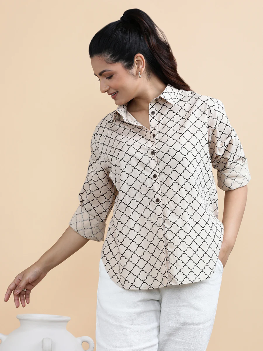 Ariel x Soma | Relaxed Women's Shirt in Cream Fishscale Block Print Cotton - Image 11