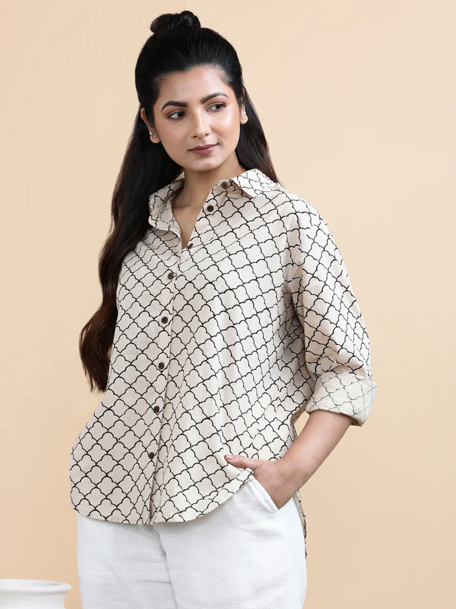 Ariel x Soma | Relaxed Women's Shirt in Cream Fishscale Block Print Cotton - Image 7
