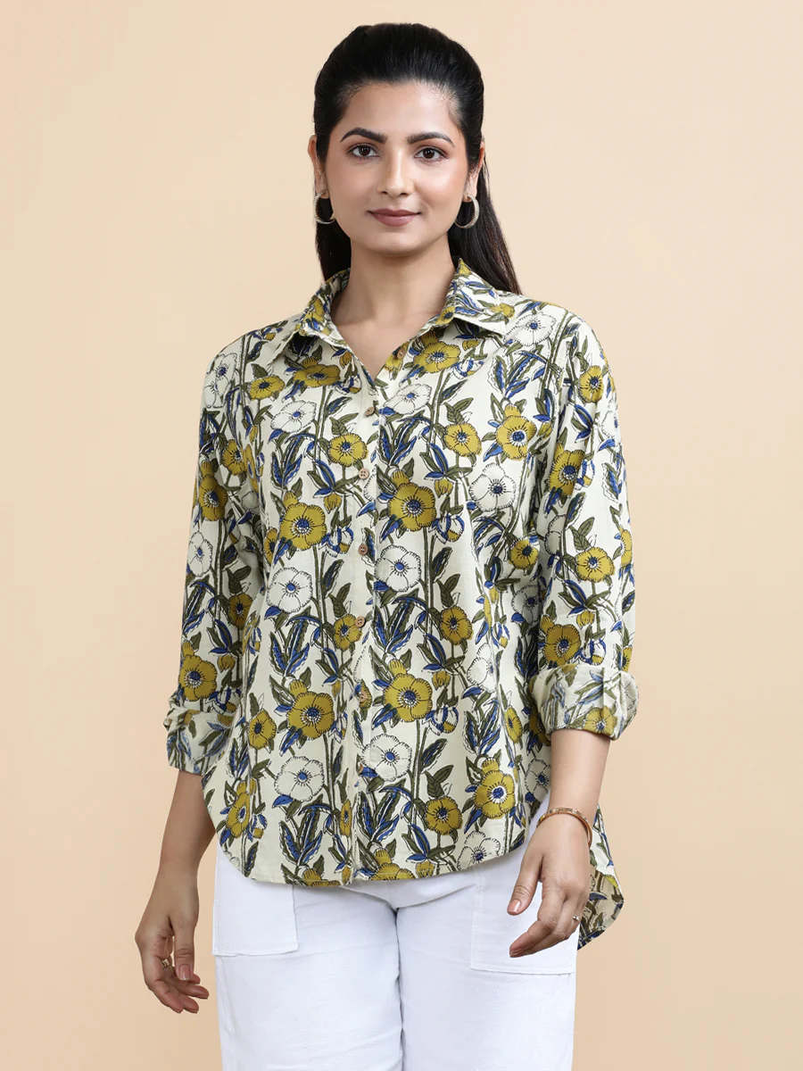 Jane x Soma | Relaxed Women's Shirt in Cream Meadow Block Print Cotton - Image 4