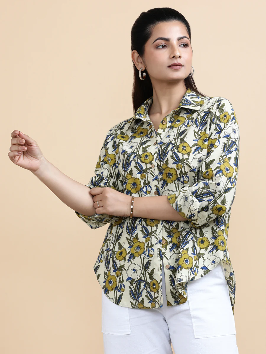 Jane x Soma | Relaxed Women's Shirt in Cream Meadow Block Print Cotton - Image 6