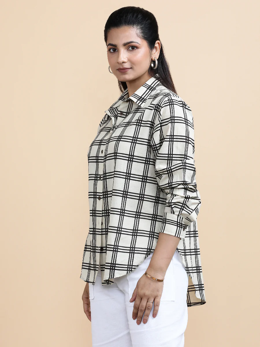 Chloe x Soma | Relaxed Women's Shirt in Cream Windowpane Check Block Print Cotton - Image 6