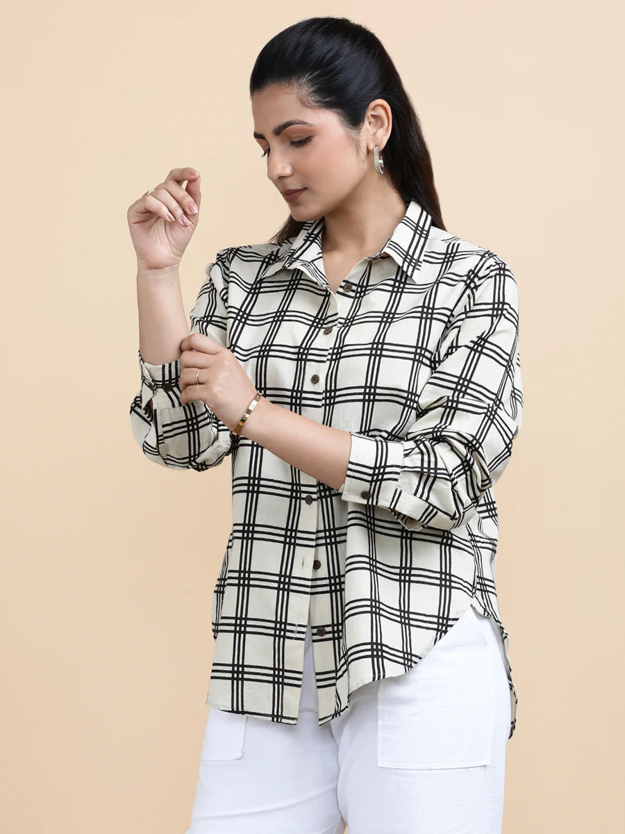 Chloe x Soma | Relaxed Women's Shirt in Cream Windowpane Check Block Print Cotton - Image 8