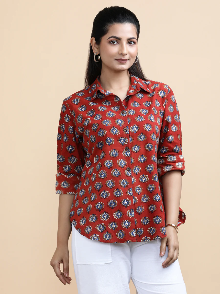 Vivienne x Soma | Relaxed Women's Shirt in Crimson Field Block Print Cotton - Image 9