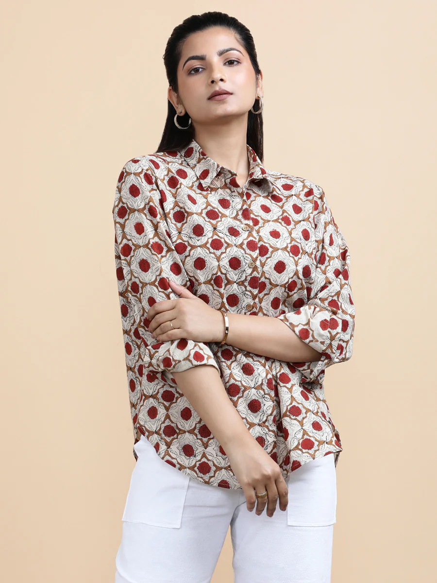 Dahlia x Soma | Relaxed Women's Shirt in Red Dahlia Block Print Cotton - Image 4