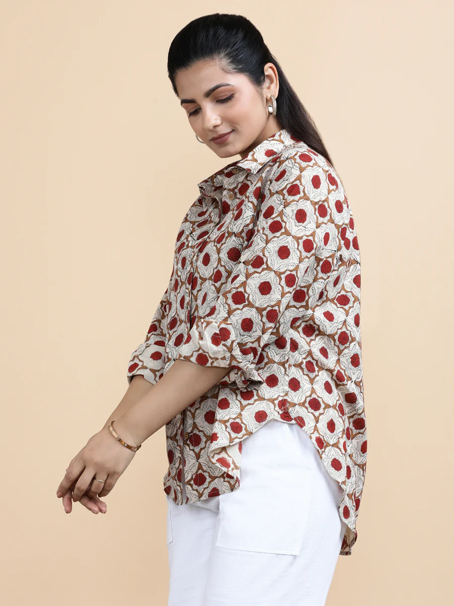 Dahlia x Soma | Relaxed Women's Shirt in Red Dahlia Block Print Cotton - Image 5