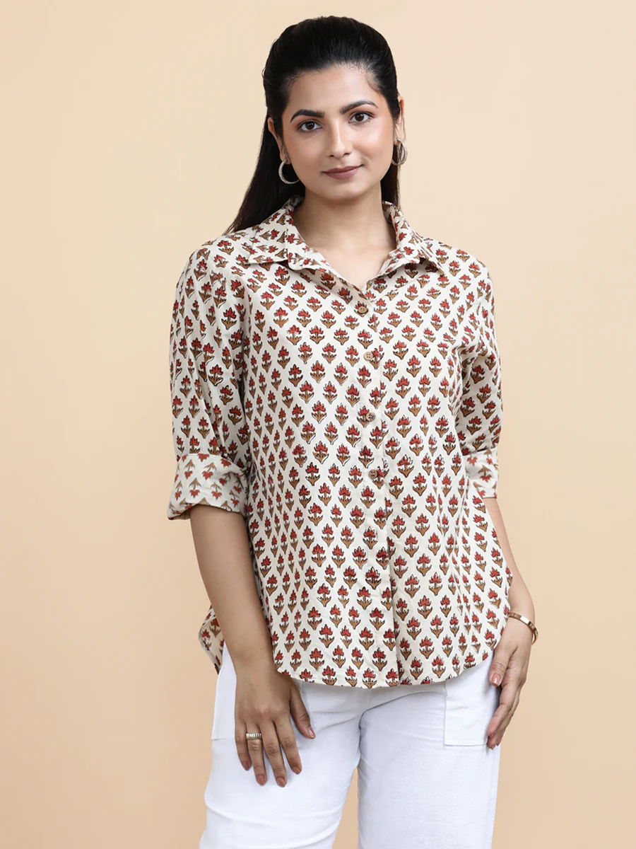 Hazel x Soma | Relaxed Women's Shirt in Tulip Bloom Cream Block Print Cotton - Image 3