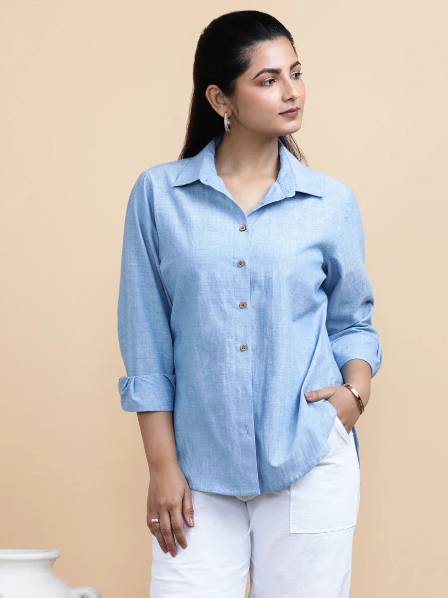 Ellie x Soma | Relaxed Women's Shirt in Sky Loom Handloom Khadi Cotton - Image 4