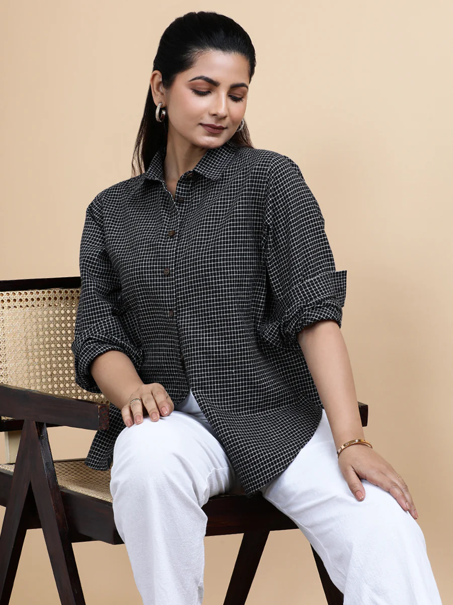 Harper x Soma | Relaxed Women's Shirt in Black & White Grid Checks Handloom Khadi Cotton - Image 9
