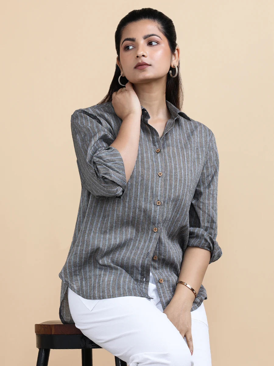 Emily x Soma | Relaxed Women's Shirt in Timber Lines Handloom Khadi Cotton - Image 8