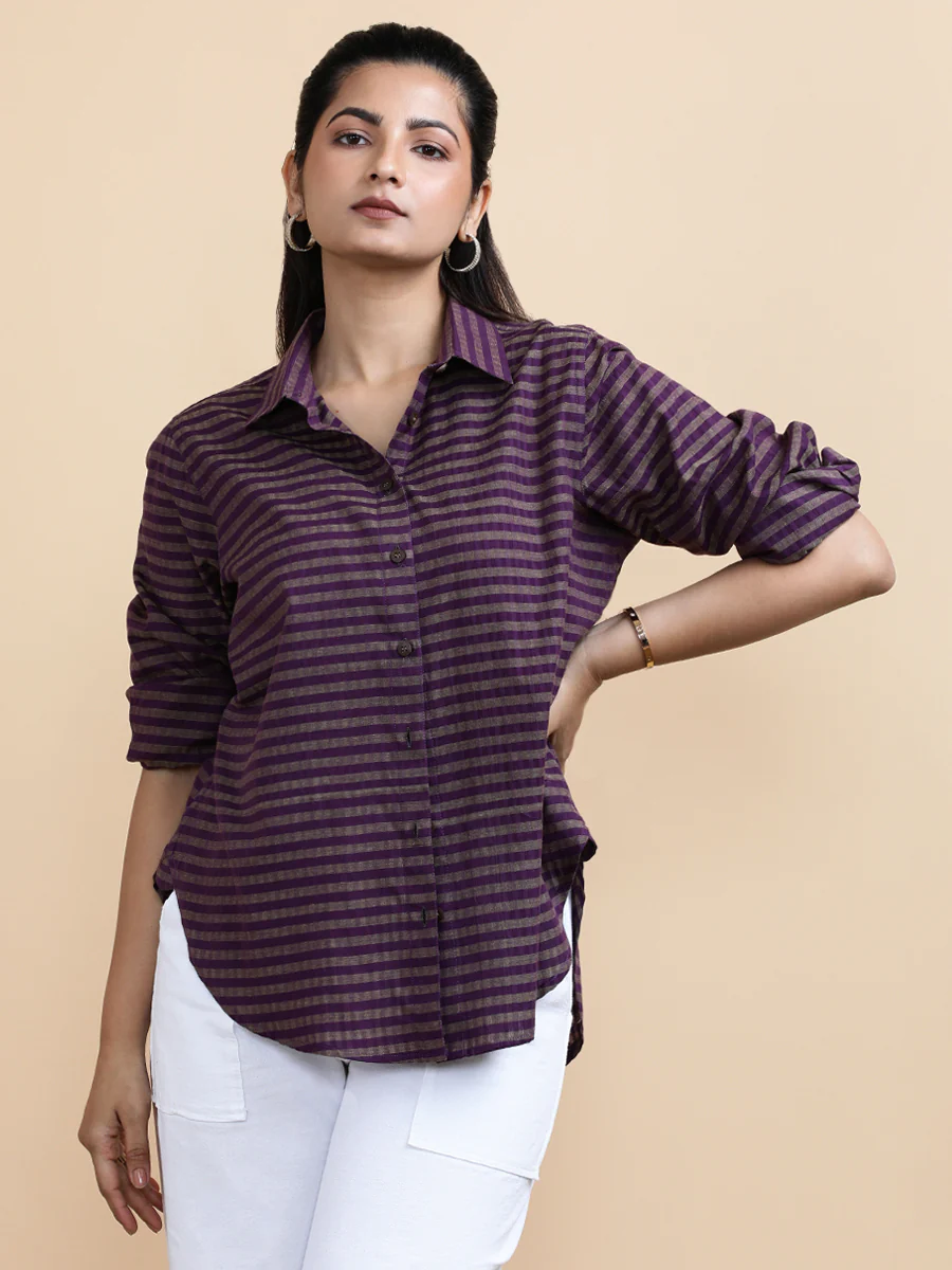 Mila x Soma | Relaxed Women's Shirt in Orchid Loom Stripes Handloom Khadi Cotton - Image 4