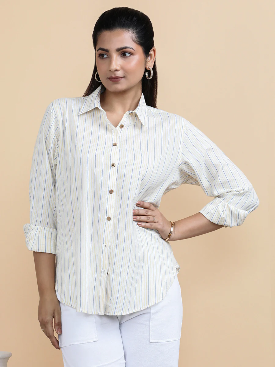 Aurora x Soma | Relaxed Women's Shirt in Sunny Loom Stripes Handloom Khadi Cotton - Image 8