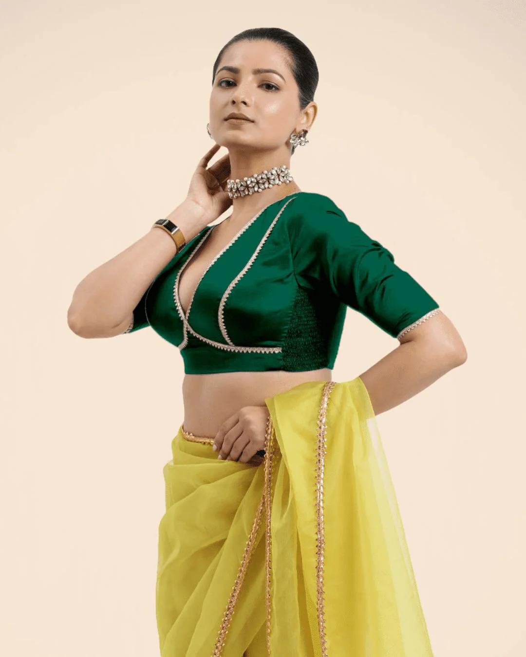 Zeenat x Tyohaar | Bottle Green Saree Blouse w/ FlexiFit™ and Golden Gota Lace - Image 5