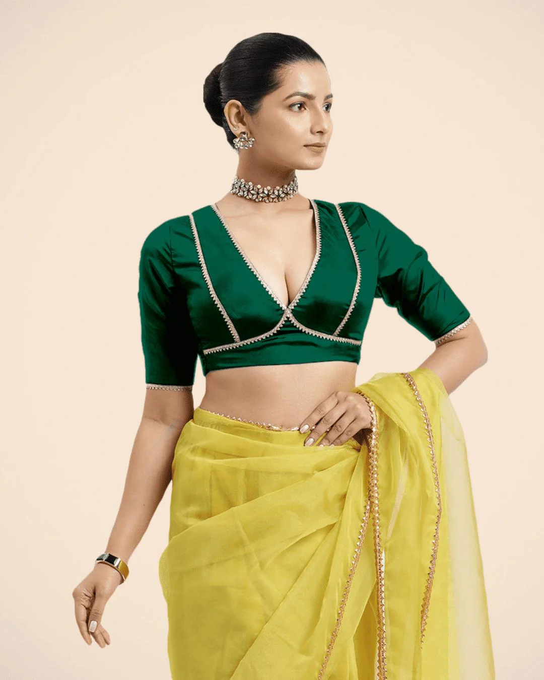Zeenat x Tyohaar | Bottle Green Saree Blouse w/ FlexiFit™ and Golden Gota Lace - Image 6