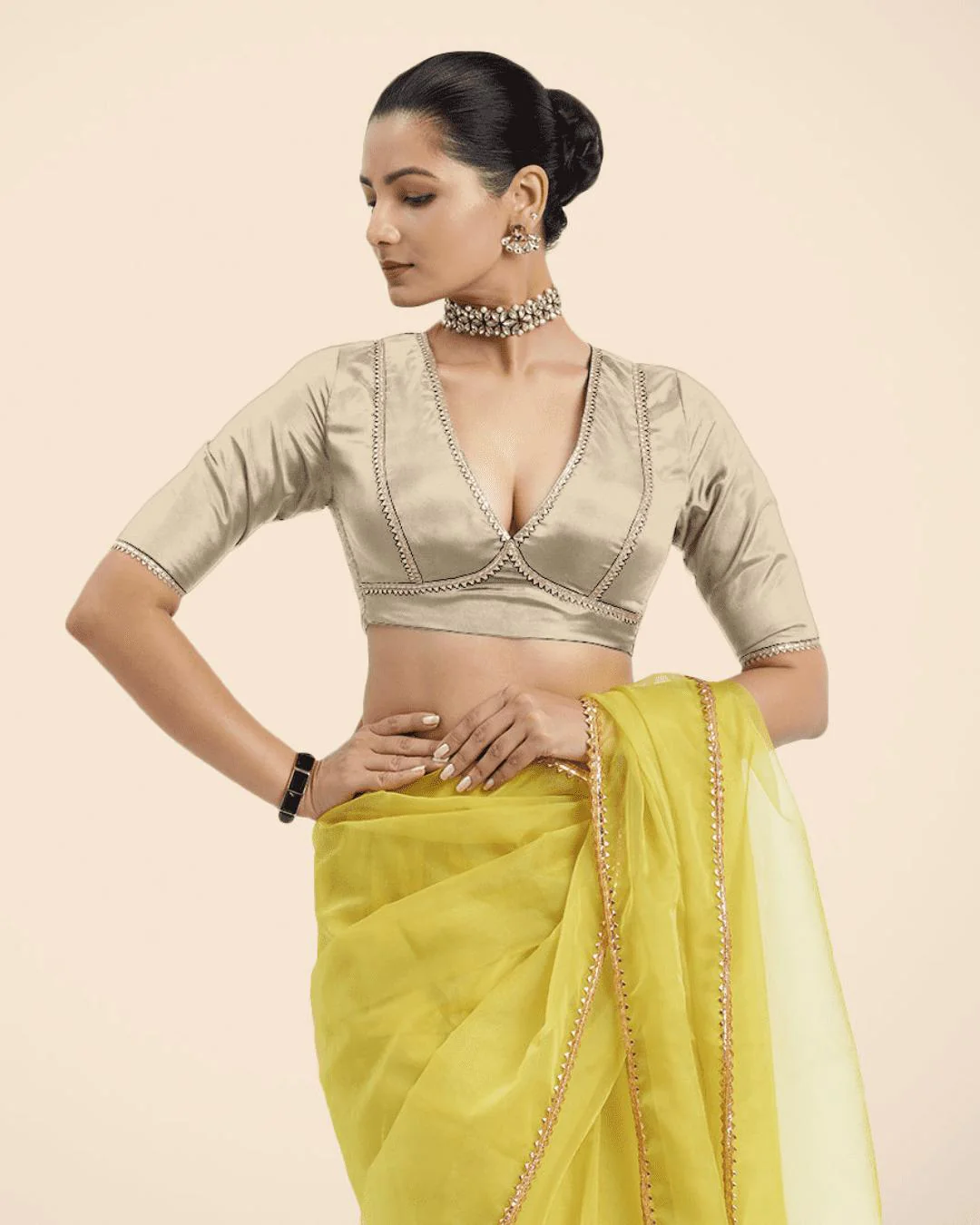 Zeenat x Tyohaar | Cream Saree Blouse w/ FlexiFit™ and Golden Gota Lace - Image 6