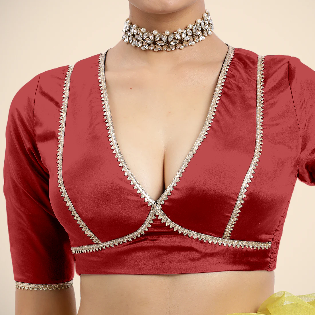 Zeenat x Tyohaar | Crimson Red Saree Blouse w/ FlexiFit™ and Golden Gota Lace - Image 5