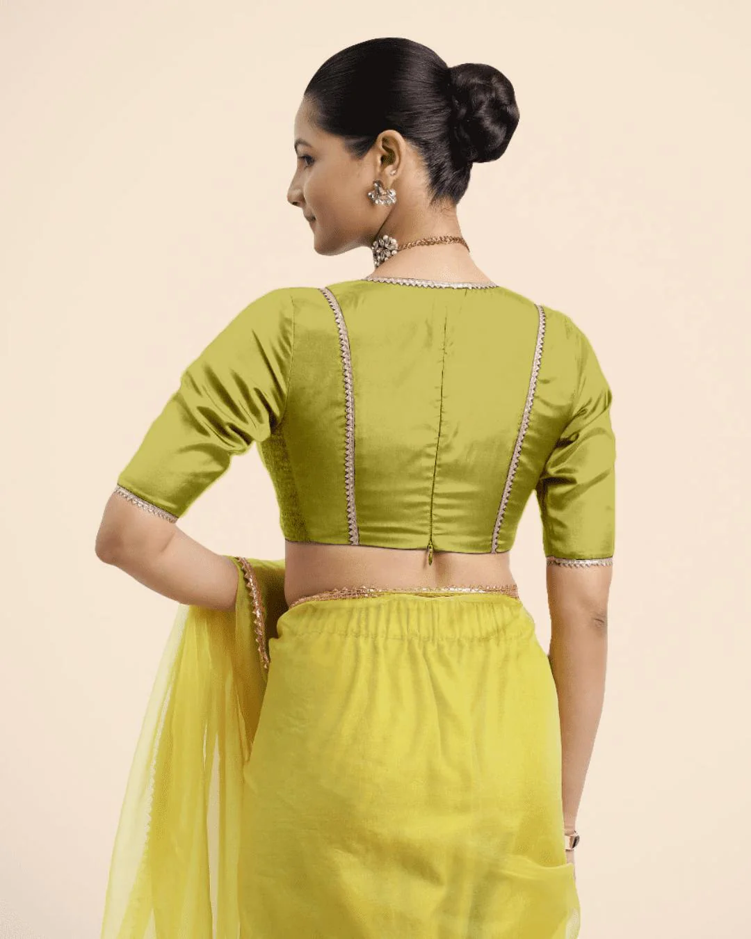 Zeenat x Tyohaar | Lemon Yellow Saree Blouse w/ FlexiFit™ and Golden Gota Lace - Image 3