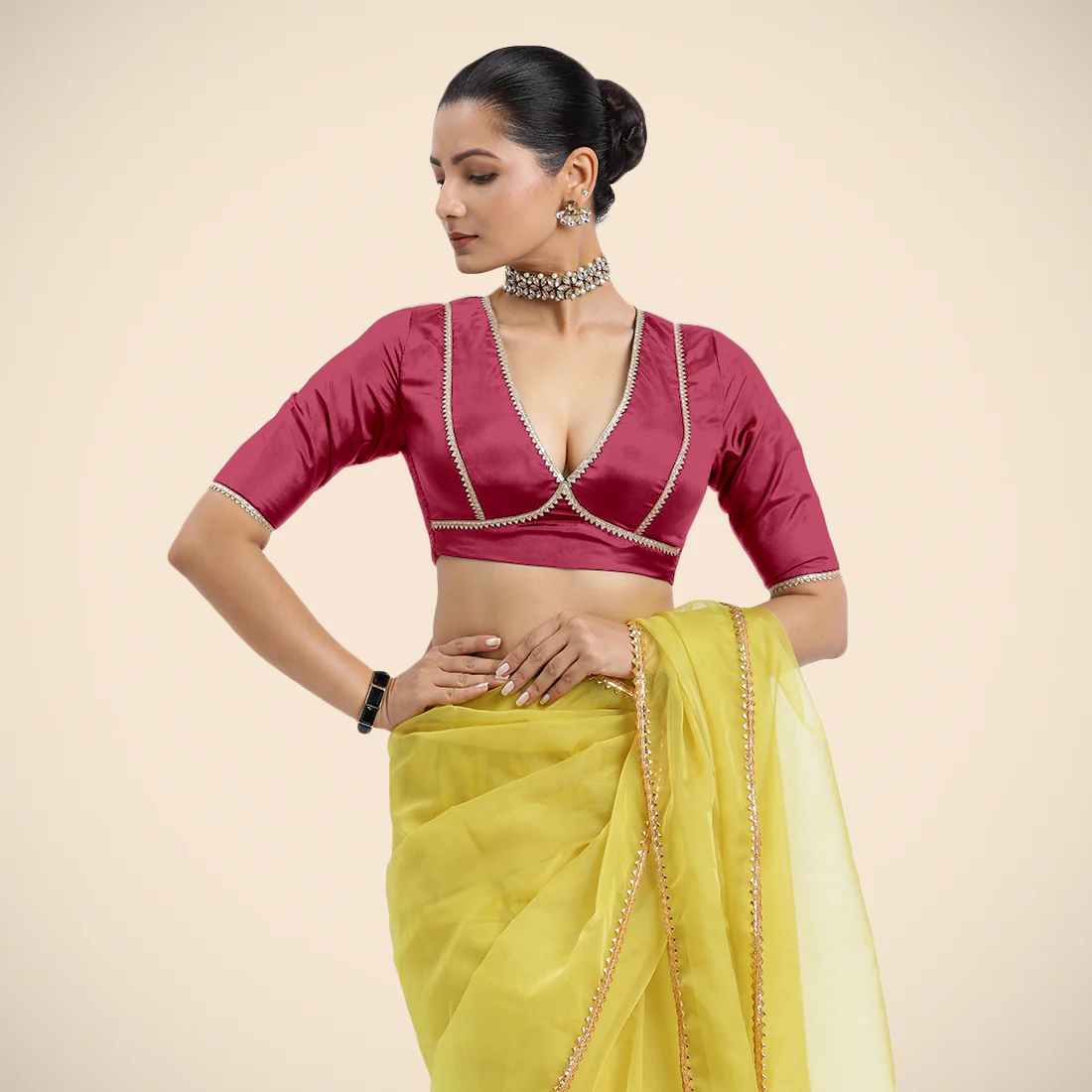 Zeenat x Tyohaar | Rani Pink Saree Blouse w/ FlexiFit™ and Golden Gota Lace - Image 5