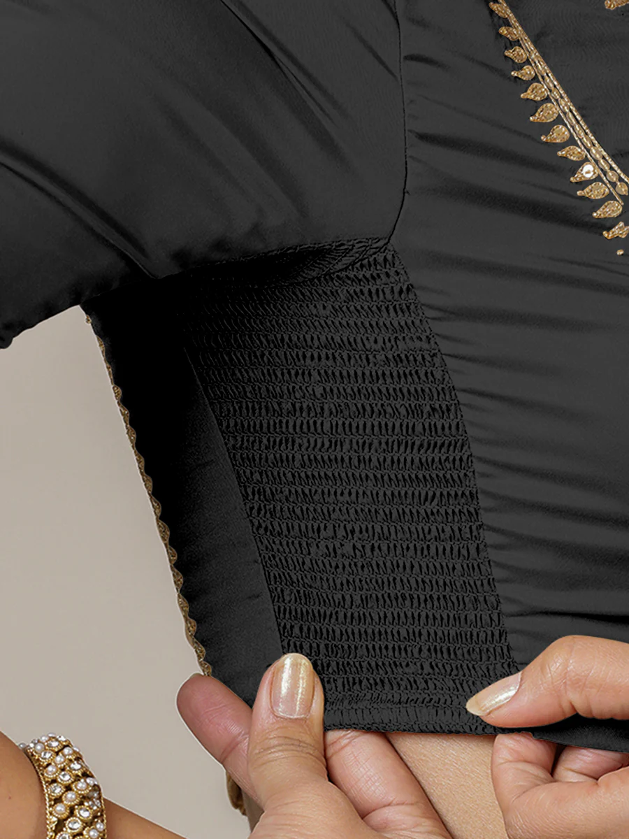 Zohra x Luxe | Black Blouse with Gold Hand Embroidery and FlexiFit™ Elastic Sides - Image 3